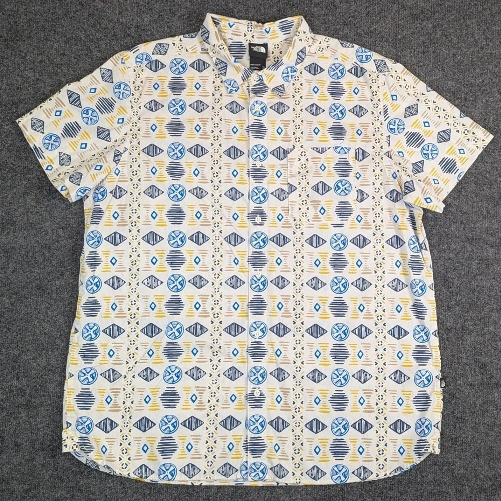 The North Face Mens XXL Short Sleeve Button Up Shirt Geometric Tribal White Blue